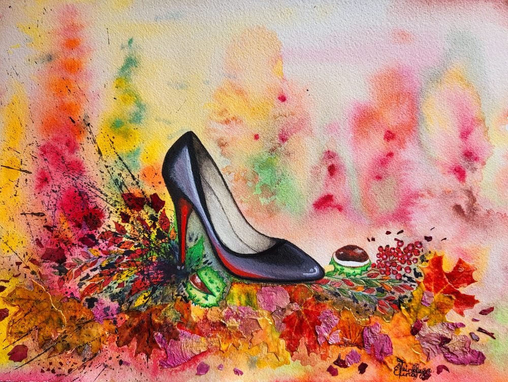 Mixed-media artwork of a red high heel amid autumn colour