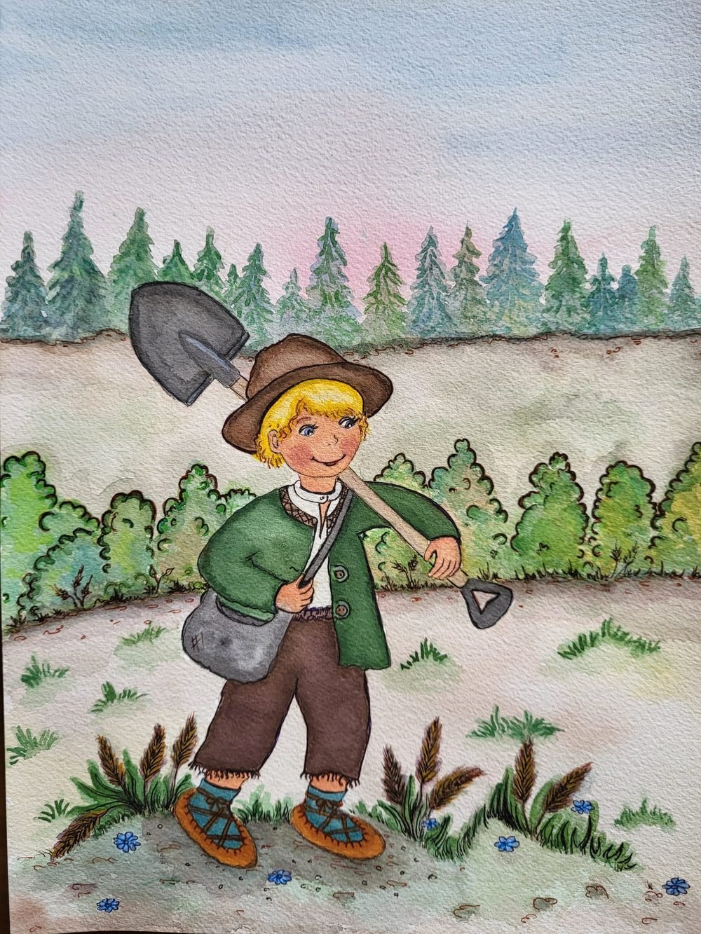 Children's book illustration of a boy with a spade in the forest