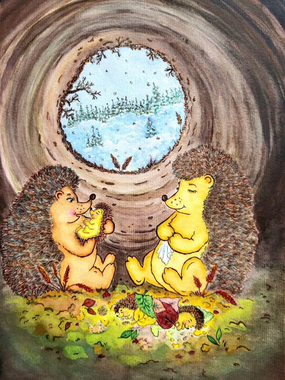 Children's book illustration of hedgehogs in their cosy burrow