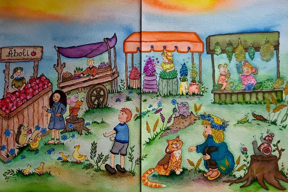 Colourful children's book illustration of a market scene