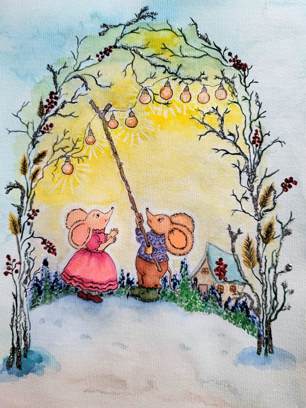 Children's book illustration of mice beneath an autumn arch