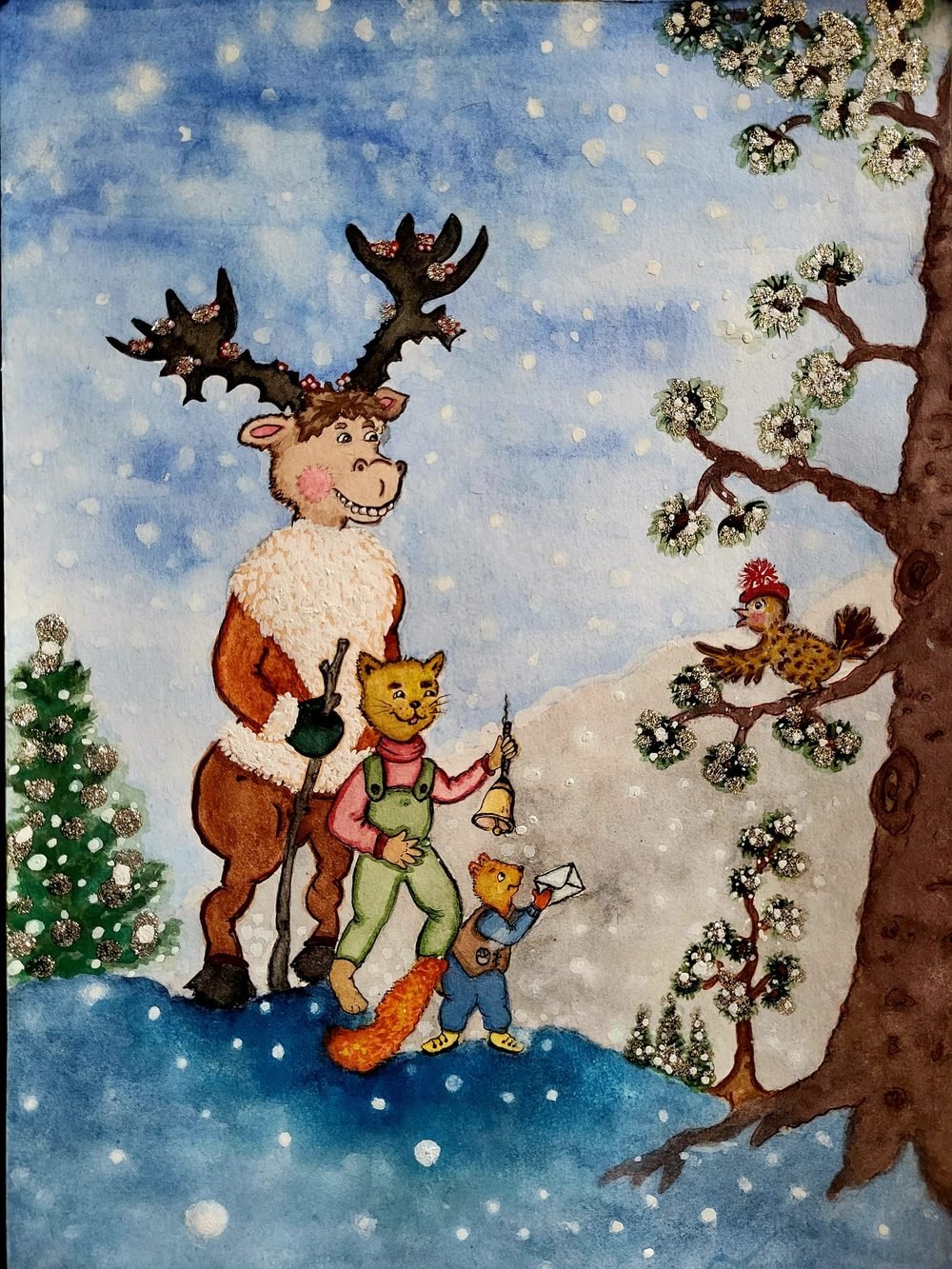 Children's book illustration of a moose and a cat in winter