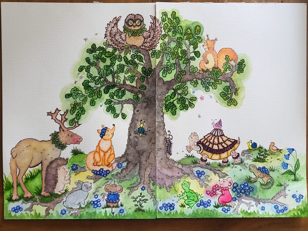 Children's book illustration of woodland animals around a great tree