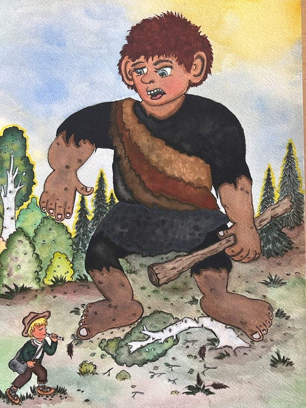Fairy-tale illustration of a gentle troll meeting a small boy