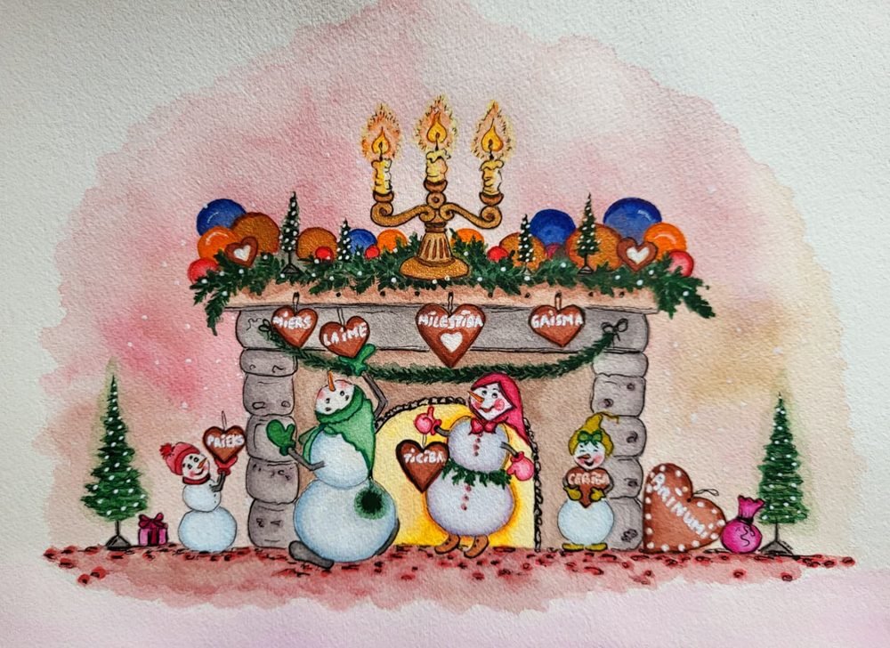 Christmas card of snowmen by a candlelit fireplace