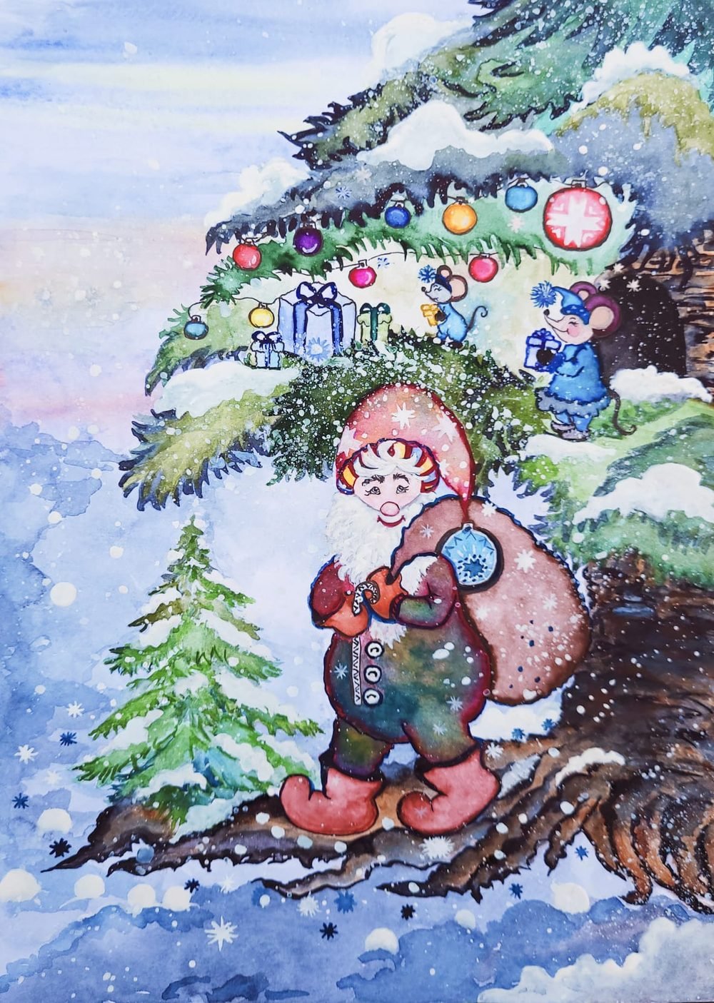 Christmas card of a gnome beneath a decorated tree
