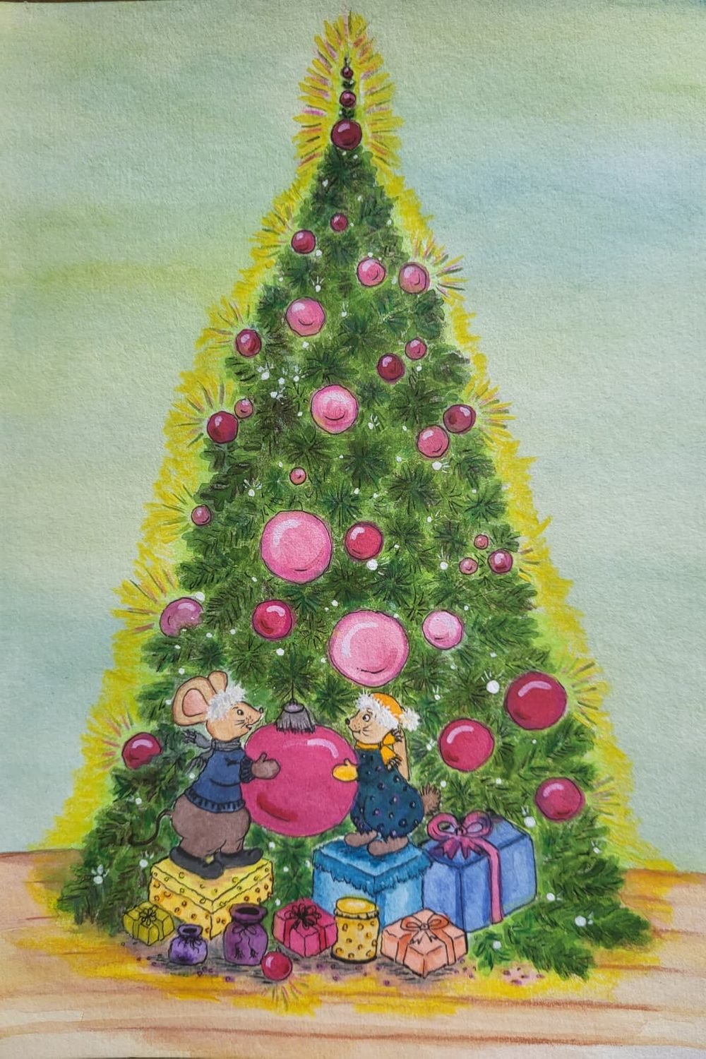 Watercolour card of a pink-decorated Christmas tree