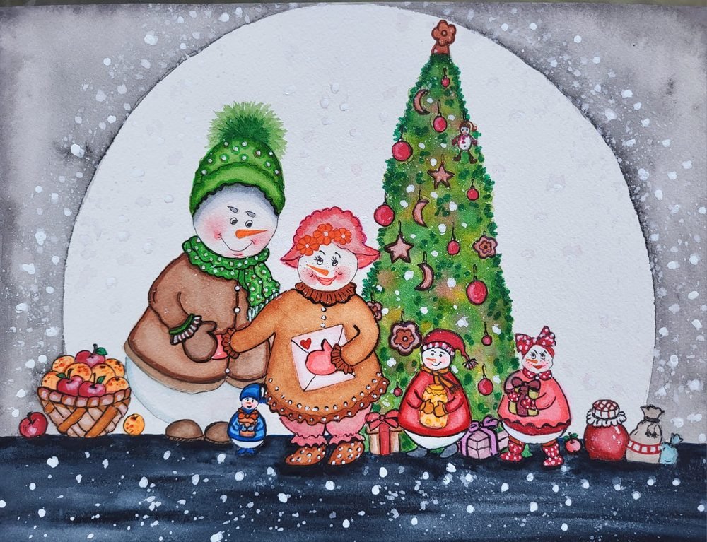 Christmas card of a snowman family by a decorated tree