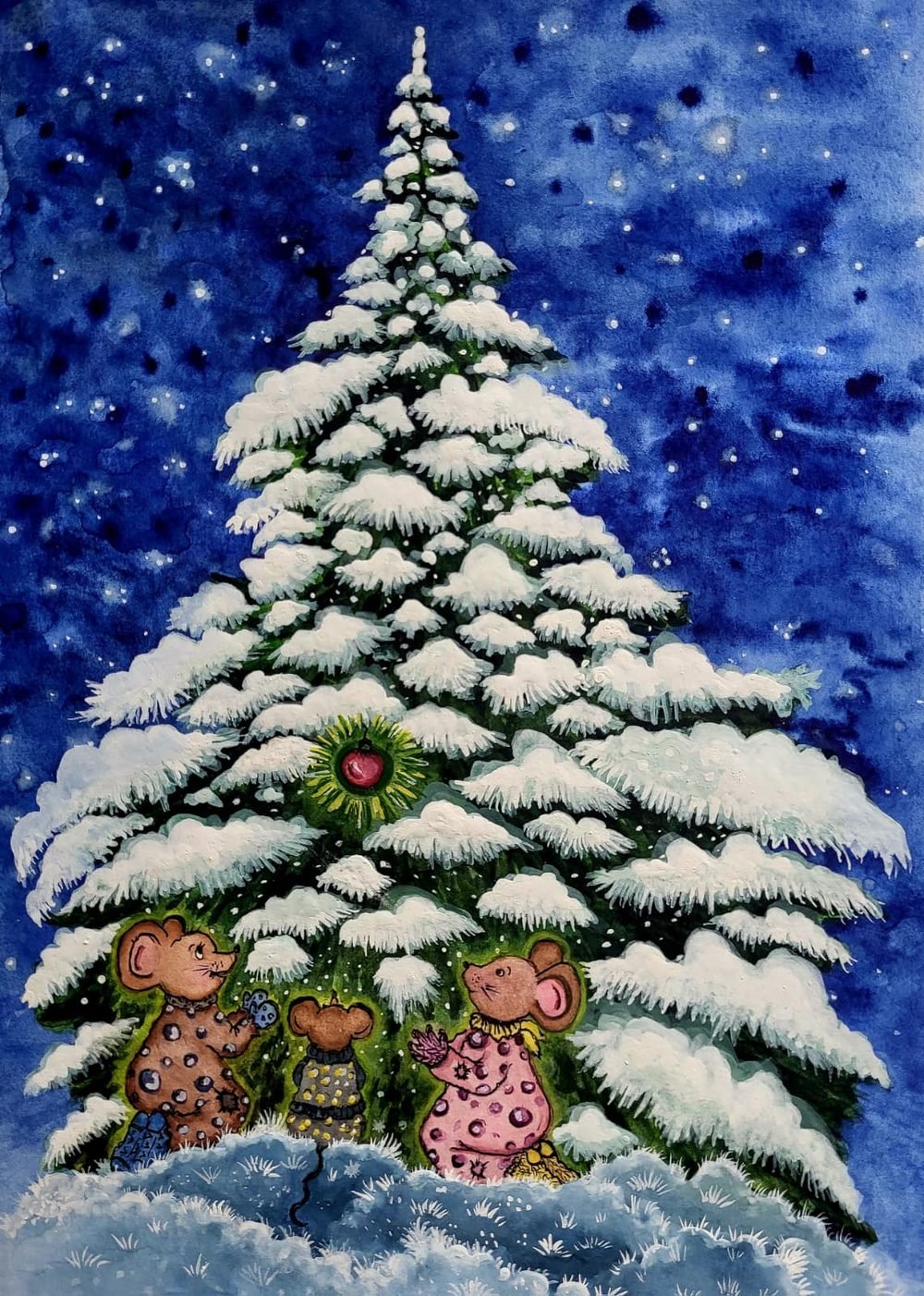 Watercolour Christmas card of a snowy tree with mice