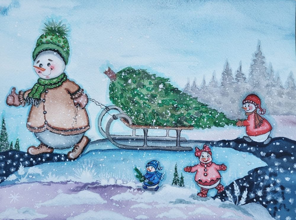 Christmas card of a snowman pulling a tree on a sled