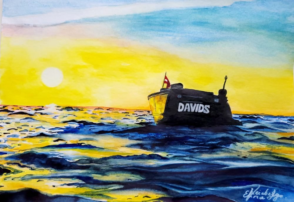 Watercolour seascape of a boat named David at sunset