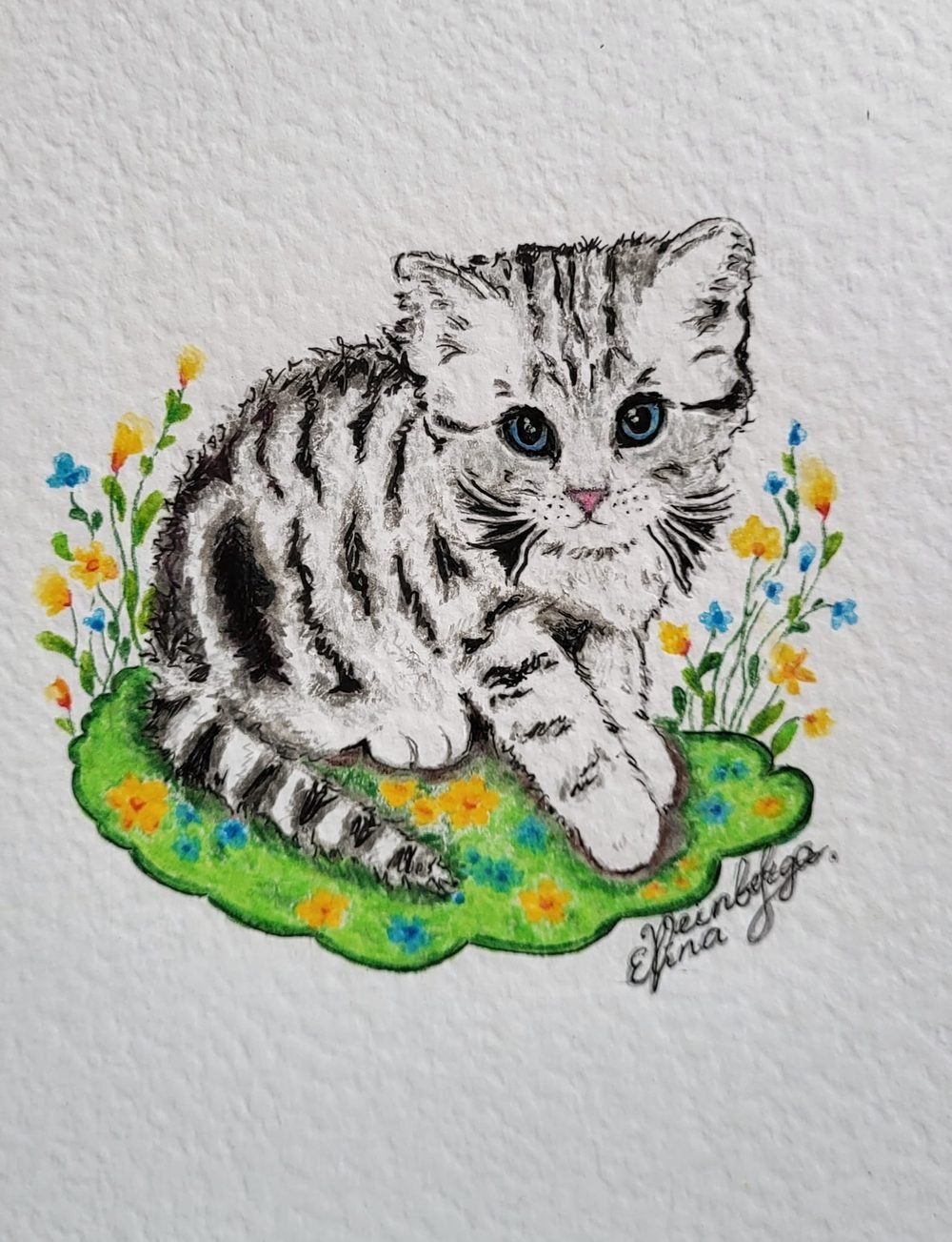 Ink and marker kitten among wildflowers by Elīna Veinberga