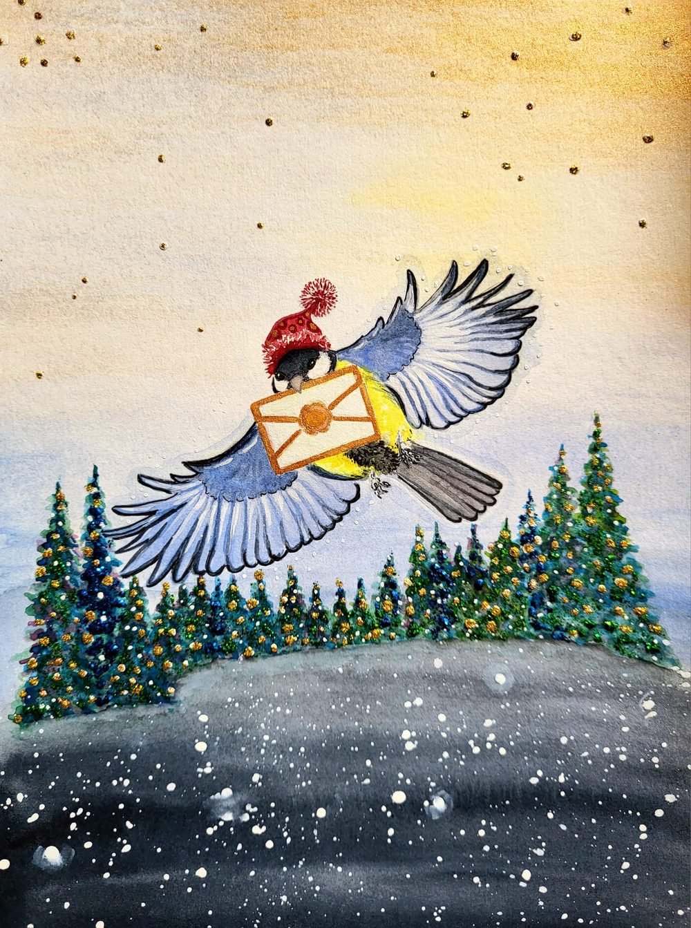Illustration of a bird carrying a letter over a snowy forest