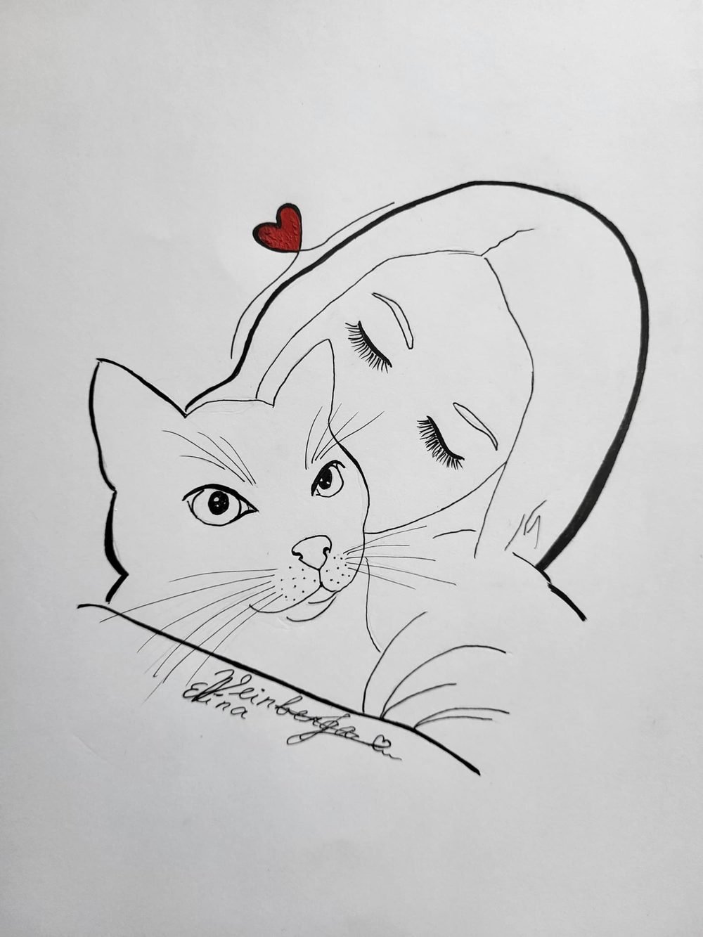 Single-line drawing of a person nuzzling a cat