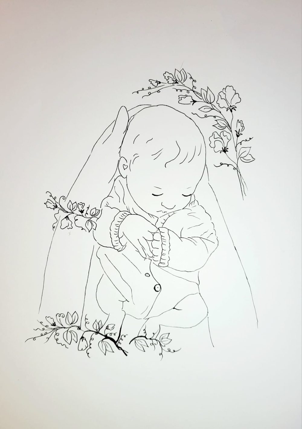 A delicate single-line drawing of a child
