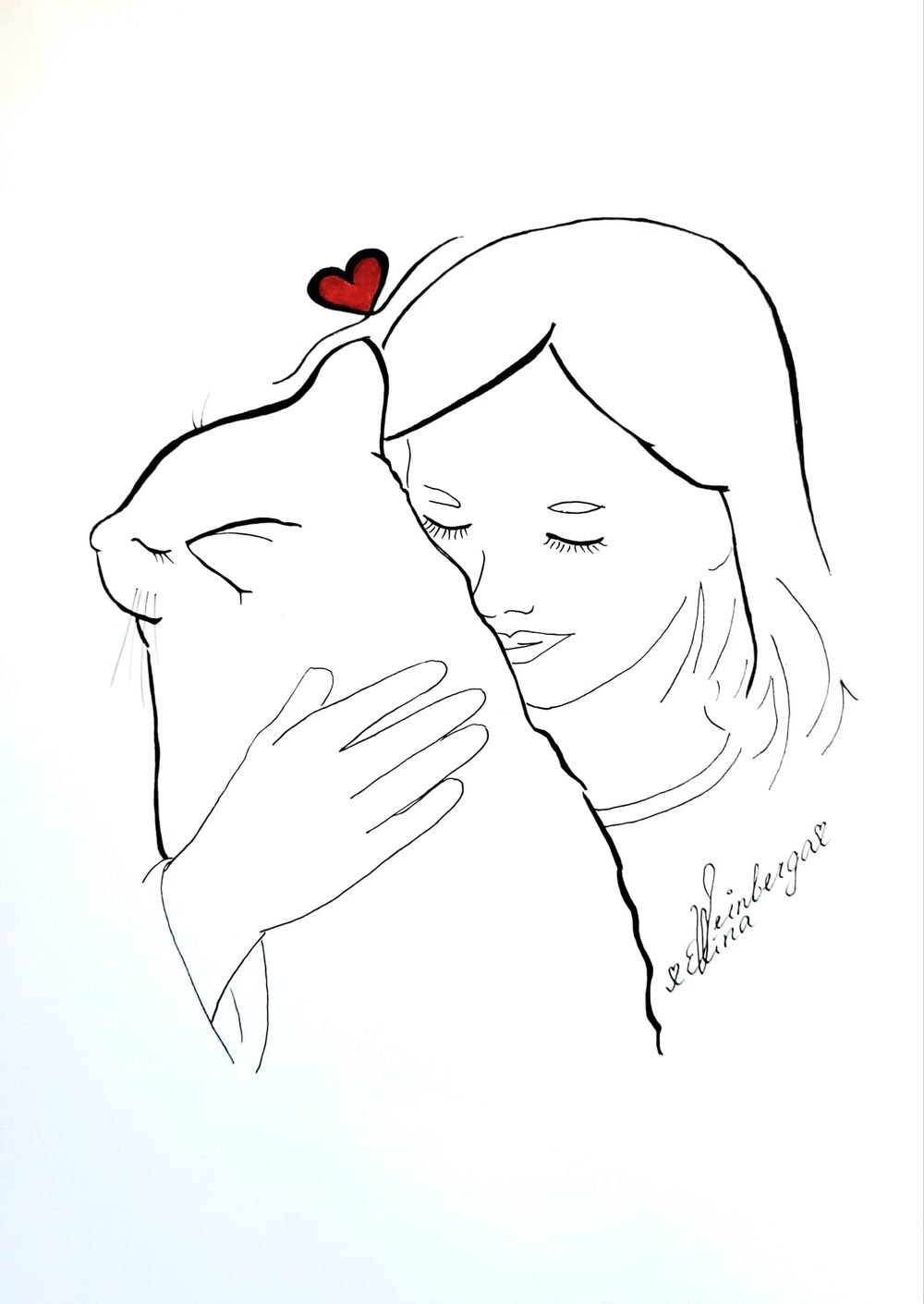 Single-line drawing of a couple with a cat and a heart