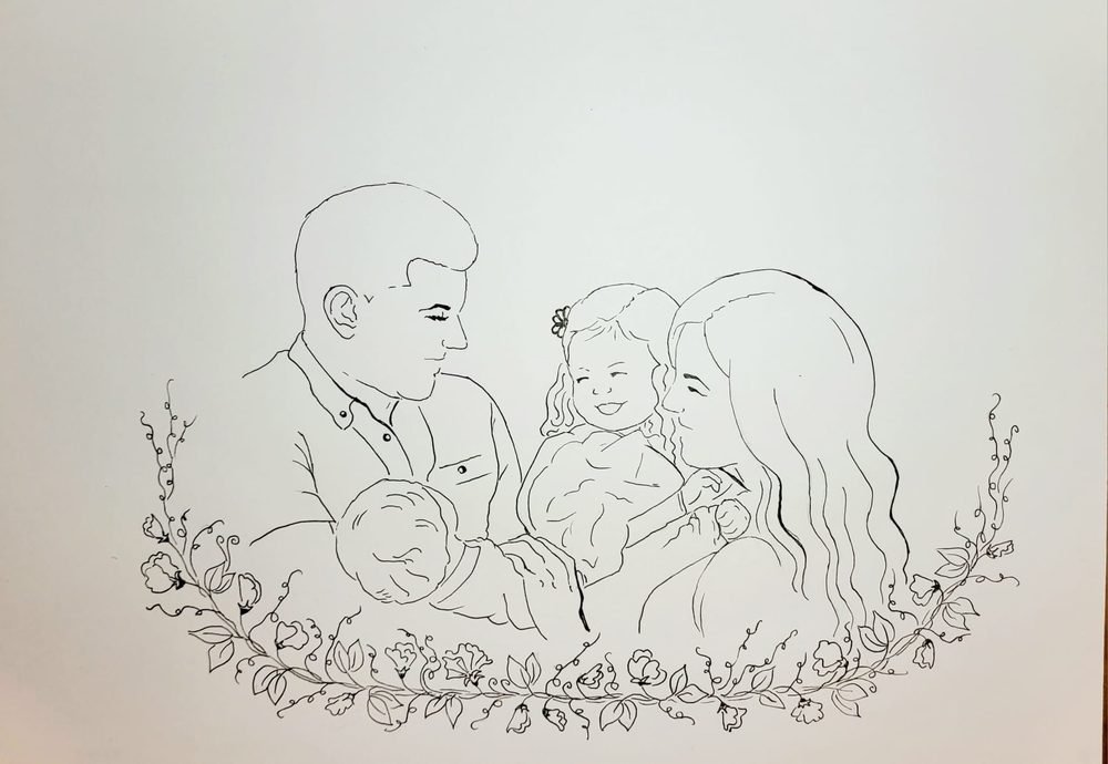 Single-line family portrait framed with delicate flowers