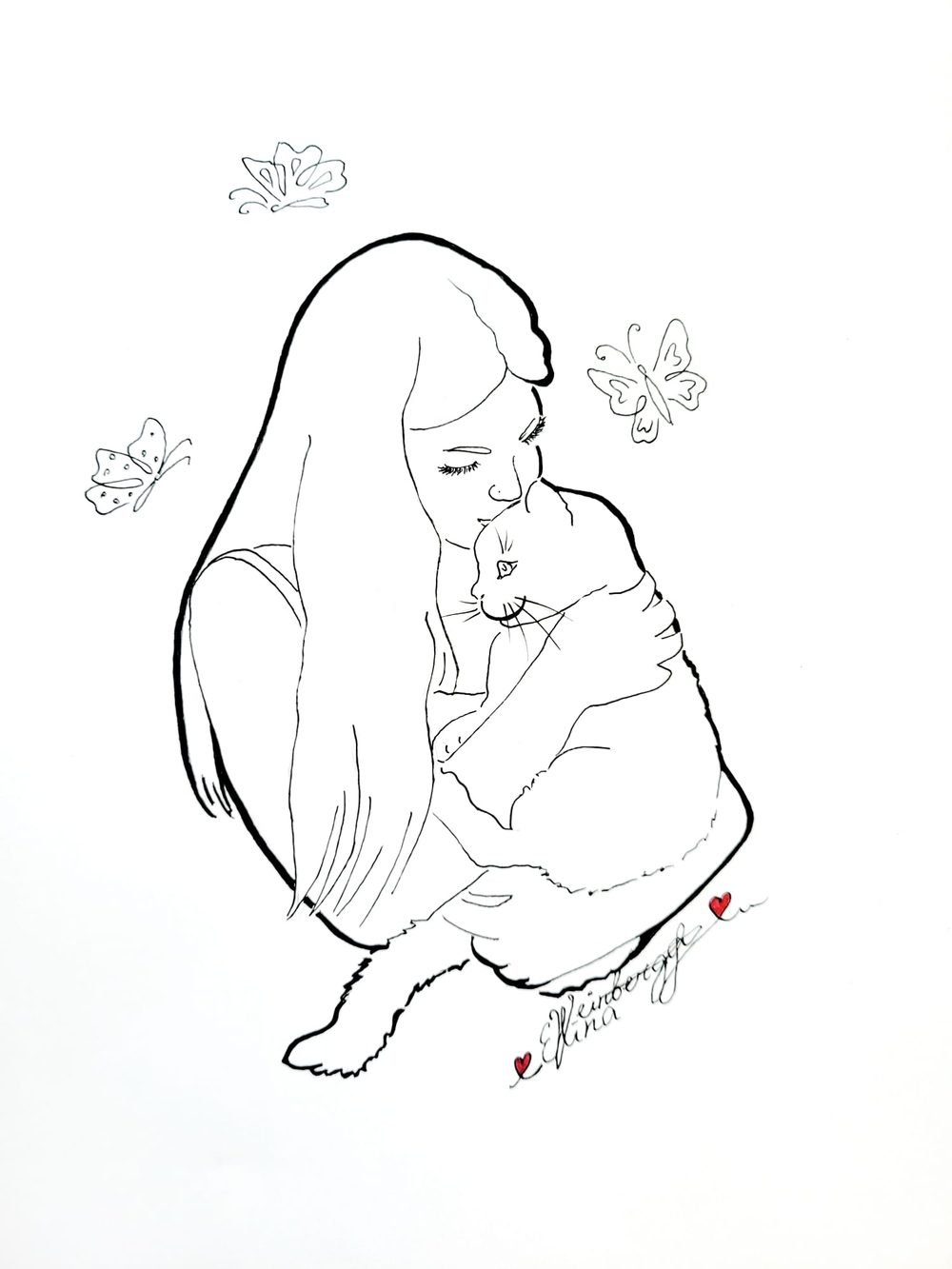 Single-line drawing of a mother and her cat