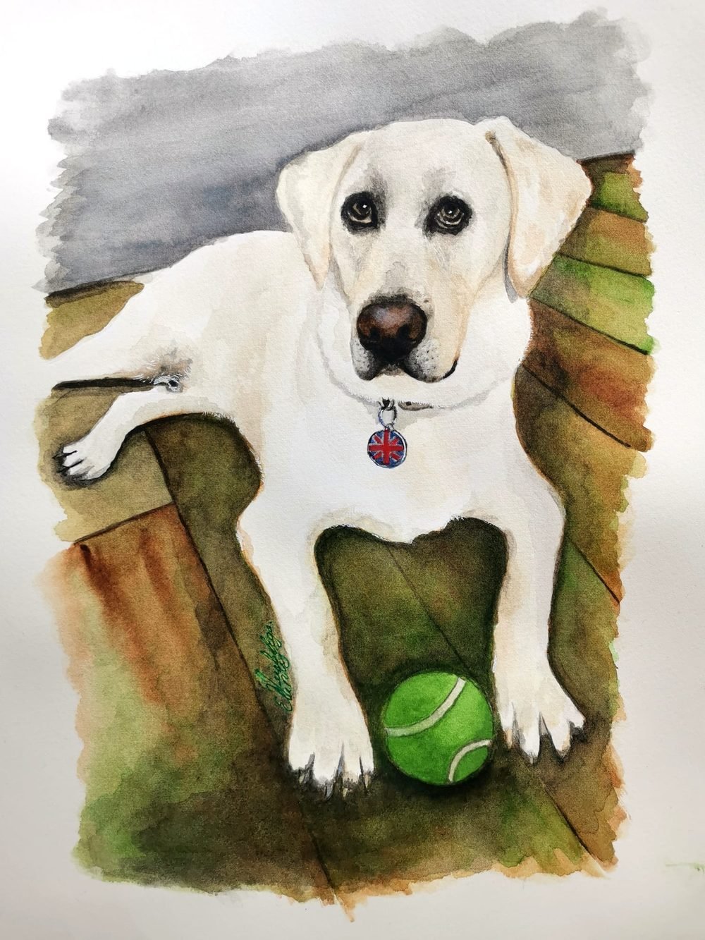 Painted portrait of a white labrador with a tennis ball