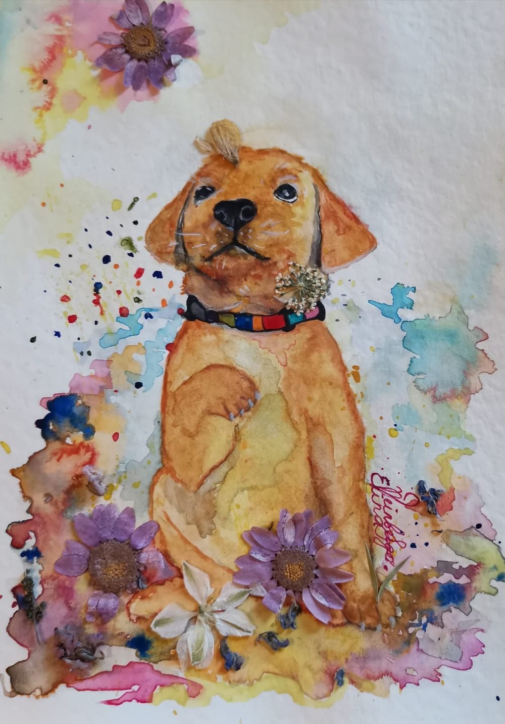 Watercolour portrait of a golden puppy among flowers