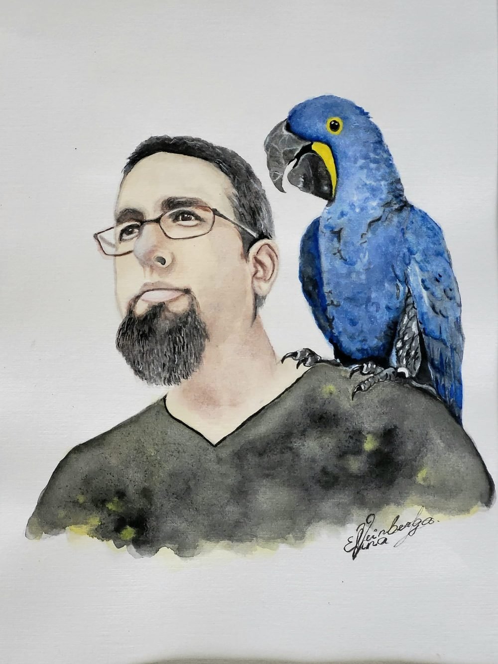 Realistic portrait of a man with a blue hyacinth macaw