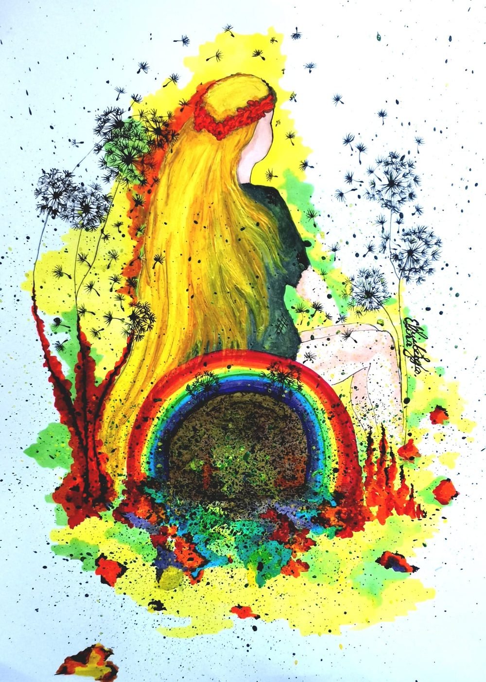 Expressive mixed-media painting with a rainbow