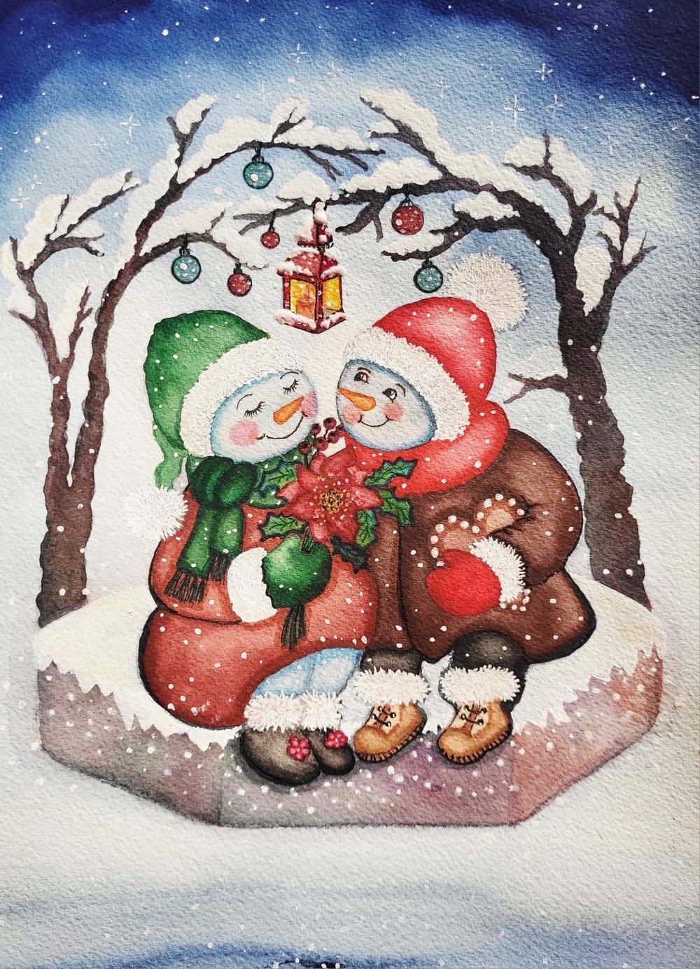 Watercolour of two snowmen cuddling on a swing in winter