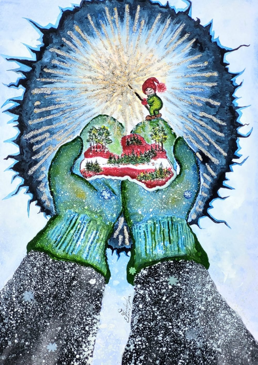 Winter mittens holding a glowing sparkler in the snow