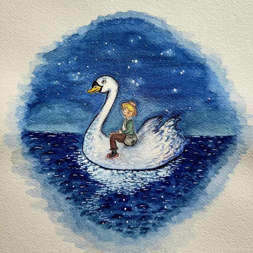 A dreamy watercolour of a child riding a swan