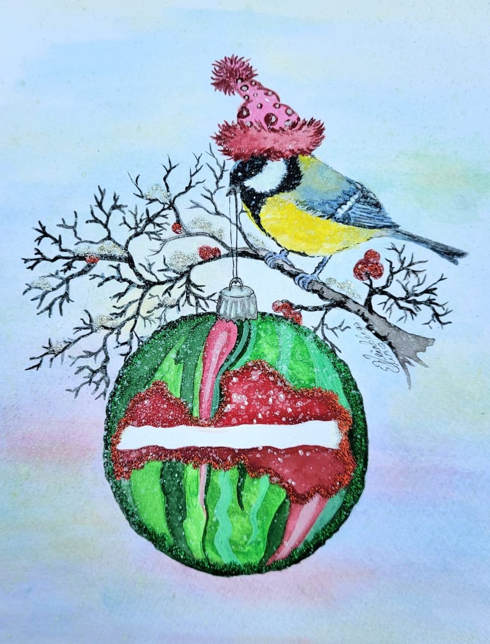 Whimsical illustration of a bird perched on a watermelon bauble