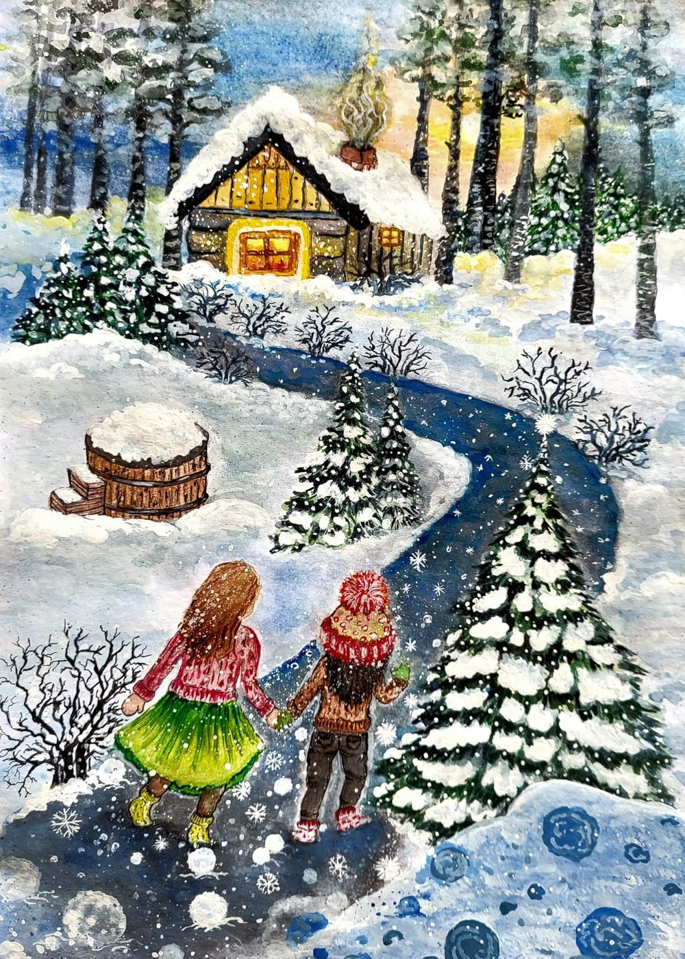 Watercolour of children walking to a cosy winter cabin