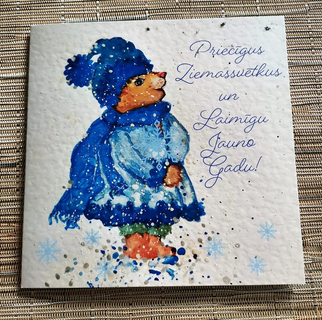 Watercolour Christmas card of a bear in a blue scarf